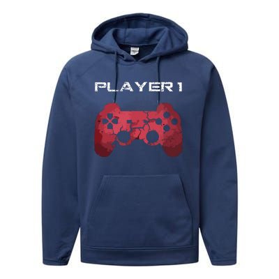 Player 1 Player 2 Gamer Gaming Matching Dad Son Couple Performance Fleece Hoodie