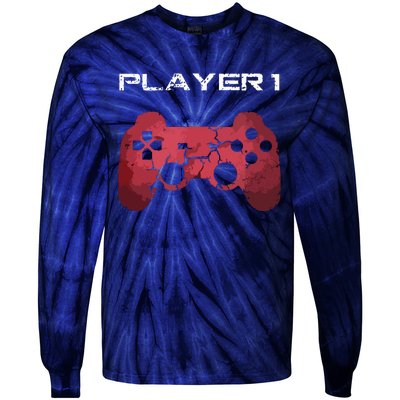 Player 1 Player 2 Gamer Gaming Matching Dad Son Couple Tie-Dye Long Sleeve Shirt