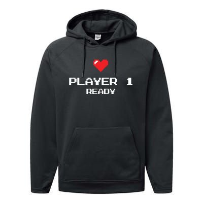 Player 1 Ready Retro Gaming New Dad Baby Announcement Performance Fleece Hoodie