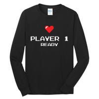 Player 1 Ready Retro Gaming New Dad Baby Announcement Tall Long Sleeve T-Shirt