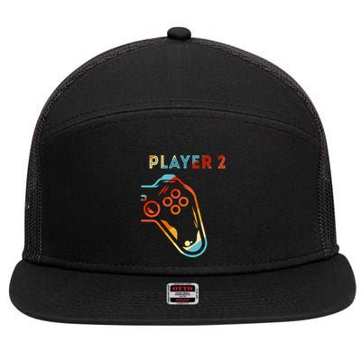 Player 2 Funny Video Game Lover Joystick Retro Matching Gamer Couple 7 Panel Mesh Trucker Snapback Hat