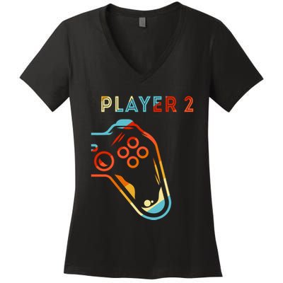 Player 2 Funny Video Game Lover Joystick Retro Matching Gamer Couple Women's V-Neck T-Shirt