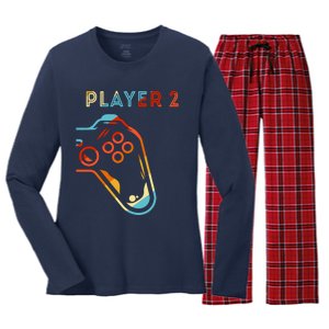 Player 2 Funny Video Game Lover Joystick Retro Matching Gamer Couple Women's Long Sleeve Flannel Pajama Set 