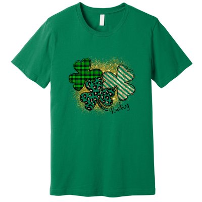 Plaid 3 Lucky Shamrock Green Leopard Irish St Patrick's Day Premium T-Shirt