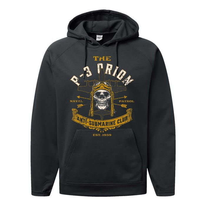 P 3 Orion Anti Submarine Aircraft Skull Distressed Performance Fleece Hoodie