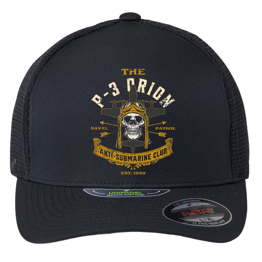 P 3 Orion Anti Submarine Aircraft Skull Distressed Flexfit Unipanel Trucker Cap