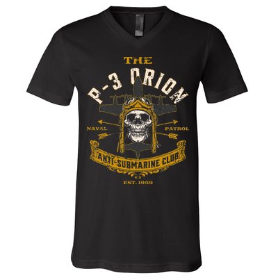 P 3 Orion Anti Submarine Aircraft Skull Distressed V-Neck T-Shirt