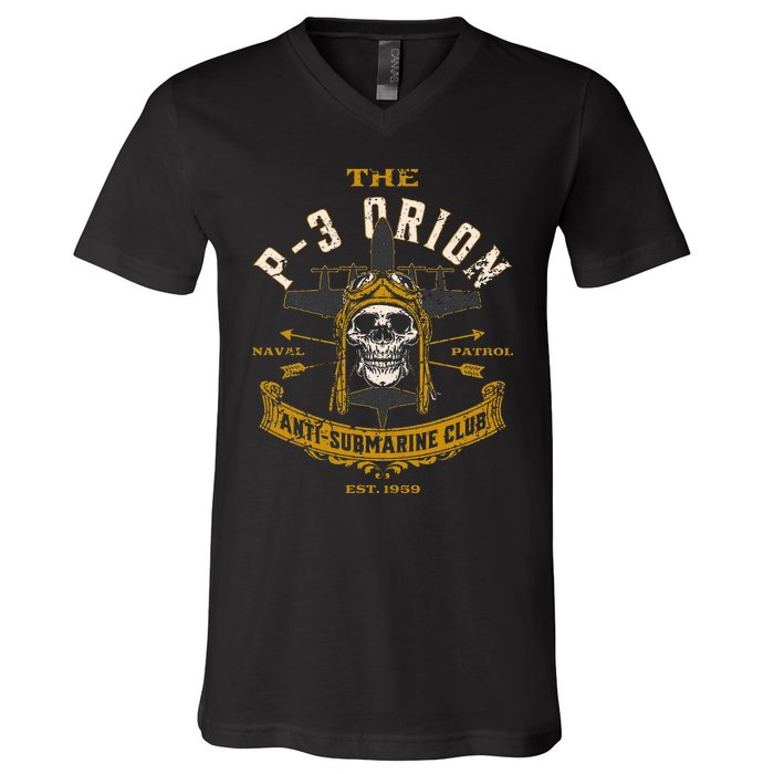 P 3 Orion Anti Submarine Aircraft Skull Distressed V-Neck T-Shirt