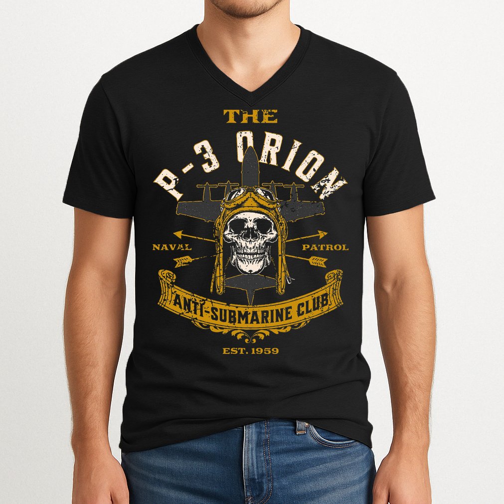 P 3 Orion Anti Submarine Aircraft Skull Distressed V-Neck T-Shirt
