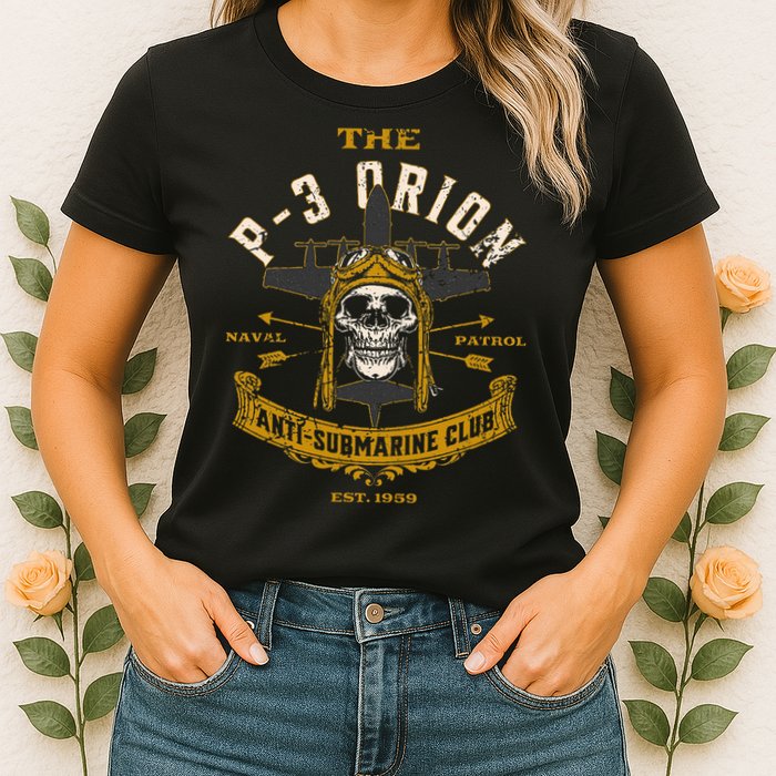 P 3 Orion Anti Submarine Aircraft Skull Distressed Womens T-Shirt