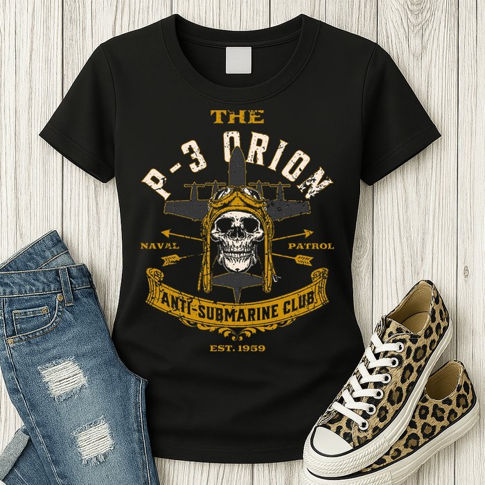 P 3 Orion Anti Submarine Aircraft Skull Distressed Womens T-Shirt
