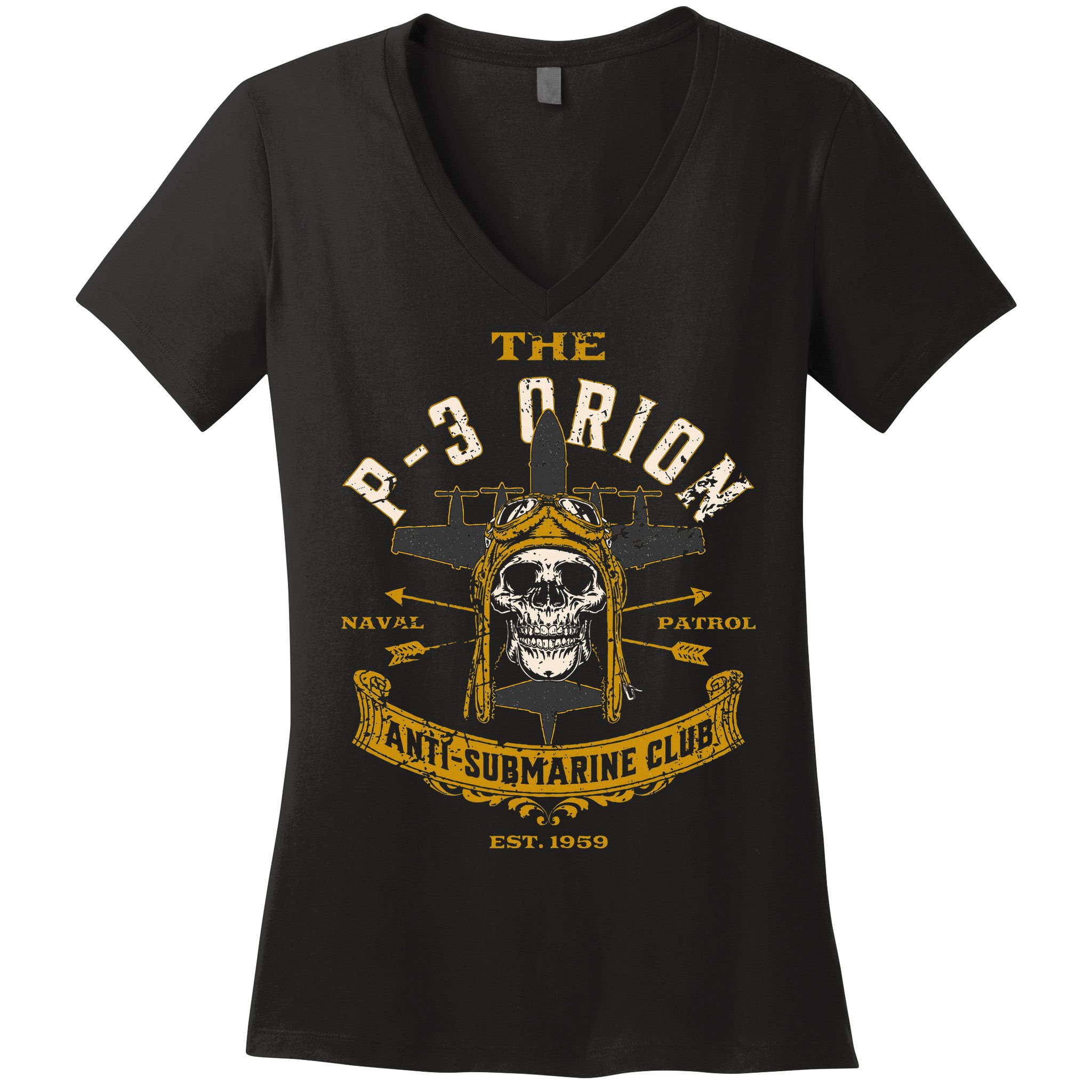 P 3 Orion Anti Submarine Aircraft Skull Distressed Women's V-Neck T-Shirt
