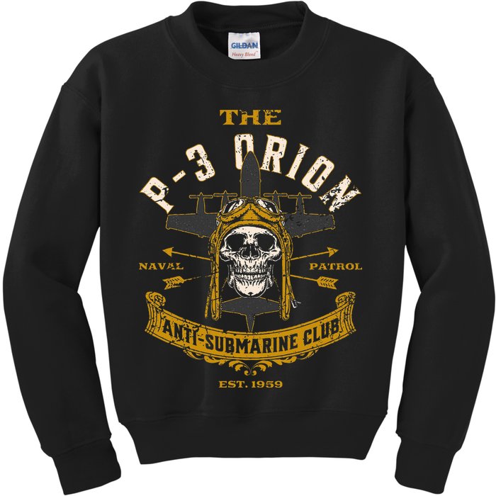 P 3 Orion Anti Submarine Aircraft Skull Distressed Kids Sweatshirt