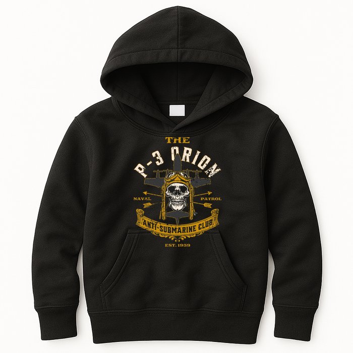P 3 Orion Anti Submarine Aircraft Skull Distressed Kids Hoodie