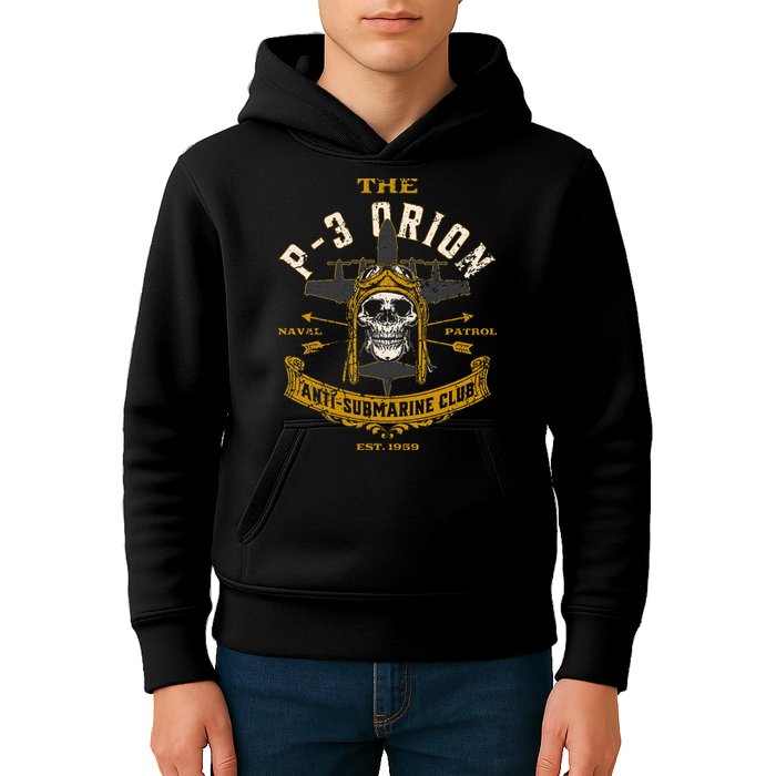 P 3 Orion Anti Submarine Aircraft Skull Distressed Kids Hoodie