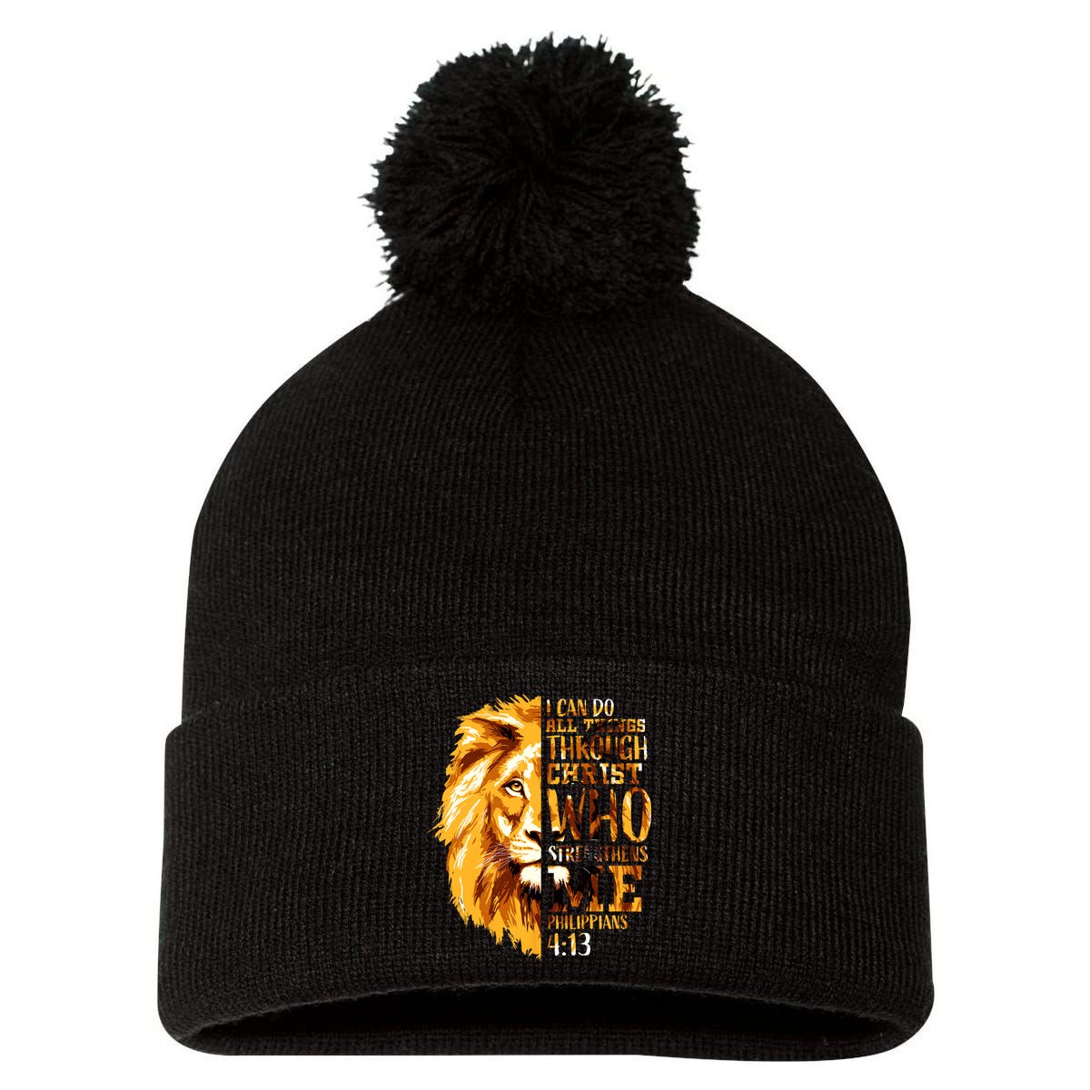 Philippians 4 13 I Can Do All Things Through Christ Who Strengthens Me Lion Pom Pom 12in Knit Beanie