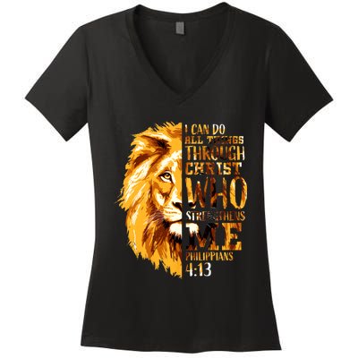 Philippians 4 13 I Can Do All Things Through Christ Who Strengthens Me Lion Women's V-Neck T-Shirt