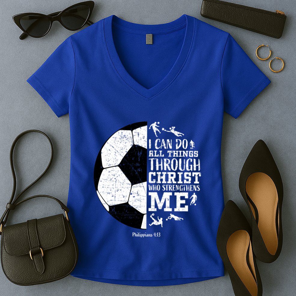 Philippians 4 13 I Can Do All Things Through Christ Who Strengthens Me Soccer Women's V-Neck T-Shirt