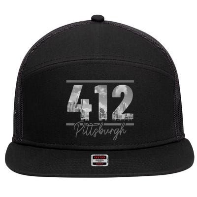 Pittsburgh 412 Area Code Skyline Pennsylvania Vintage 7 Panel Mesh Trucker Snapback Hat