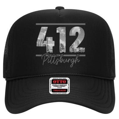 Pittsburgh 412 Area Code Skyline Pennsylvania Vintage High Crown Mesh Back Trucker Hat