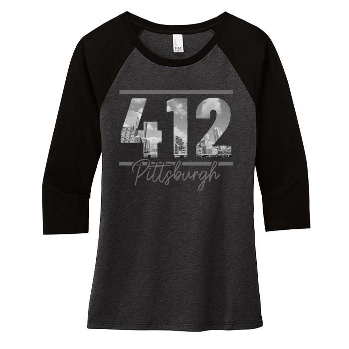 Pittsburgh 412 Area Code Skyline Pennsylvania Vintage Women's Tri-Blend 3/4-Sleeve Raglan Shirt