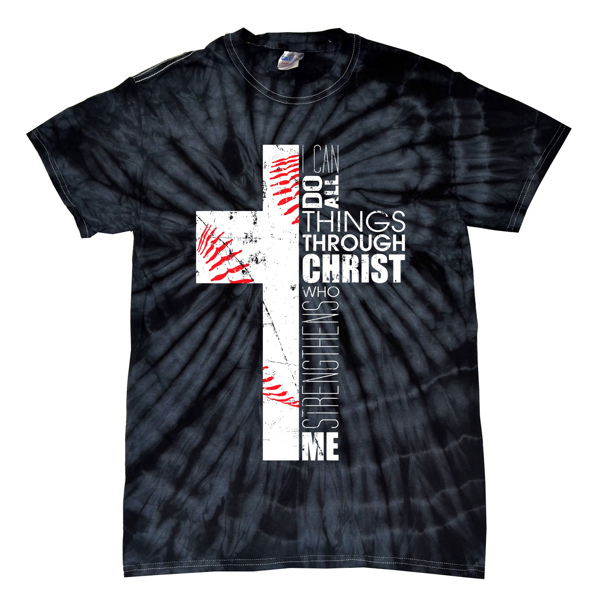 Philippians 413 Baseball Christian Cross Religious Verse Tie-Dye T-Shirt