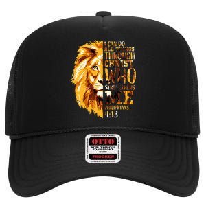 Philippians 413 Christian Bible Verse Gift Lion Husband High Crown Mesh Back Trucker Hat