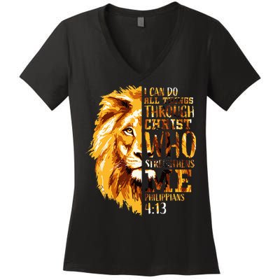 Philippians 413 Christian Bible Verse Gift Lion Husband Women's V-Neck T-Shirt