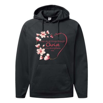 Philippians 4:13 Christian Gifts Her Butterfly Pink Magnolia Performance Fleece Hoodie