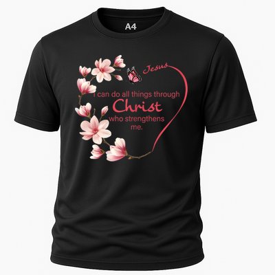 Philippians 4:13 Christian Gifts Her Butterfly Pink Magnolia Cooling Performance Crew T-Shirt