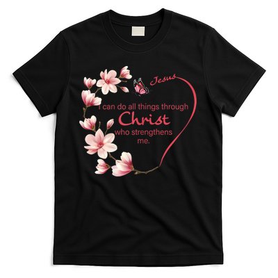 Philippians 4:13 Christian Gifts Her Butterfly Pink Magnolia T-Shirt