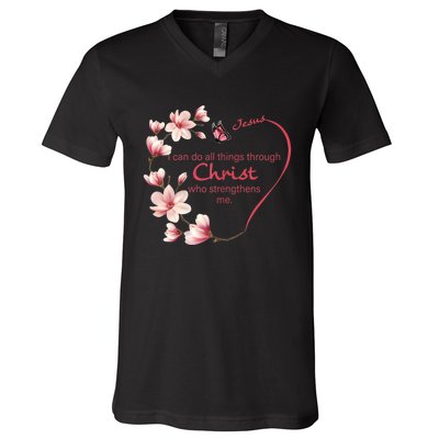 Philippians 4:13 Christian Gifts Her Butterfly Pink Magnolia V-Neck T-Shirt