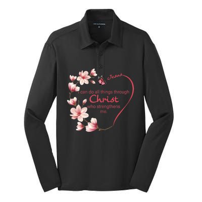 Philippians 4:13 Christian Gifts Her Butterfly Pink Magnolia Silk Touch Performance Long Sleeve Polo