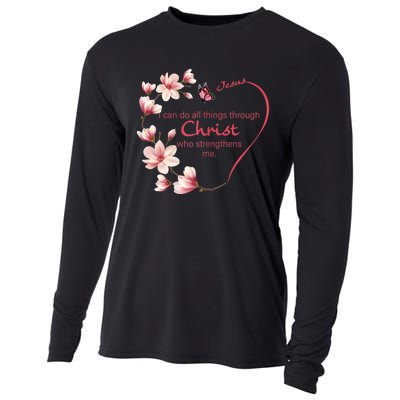 Philippians 4:13 Christian Gifts Her Butterfly Pink Magnolia Cooling Performance Long Sleeve Crew