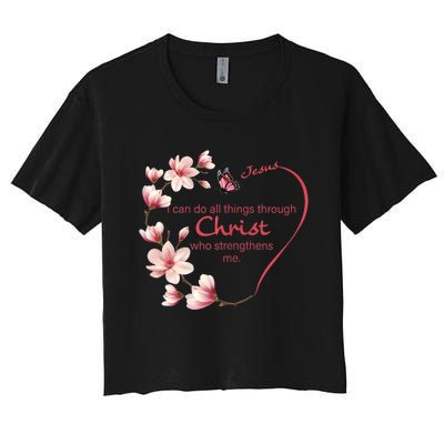 Philippians 4:13 Christian Gifts Her Butterfly Pink Magnolia Women's Crop Top Tee