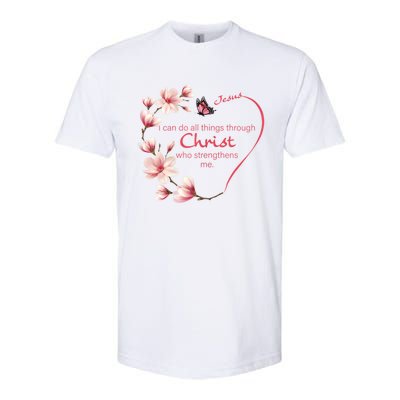 Philippians 4:13 Christian Gifts Her Butterfly Pink Magnolia Softstyle CVC T-Shirt