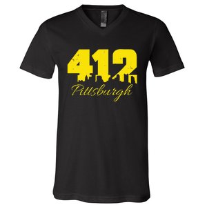 Pittsburgh 412 City Skyline Yellow Pittsburgh V-Neck T-Shirt