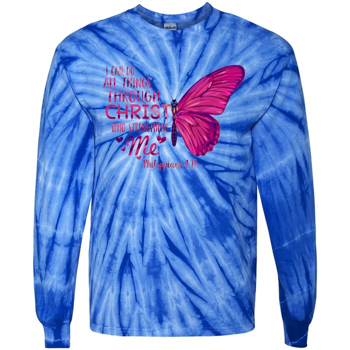 Philippians 4gift13 Christian Bible Verse Gift Butterfly Christ Funny Gift Tie-Dye Long Sleeve Shirt