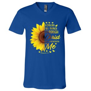 Philippians 4:13 Christian Bible Verse Funny Gift Sunflower Gift V-Neck T-Shirt