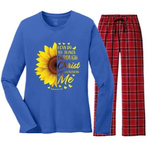 Philippians 4:13 Christian Bible Verse Funny Gift Sunflower Gift Women's Long Sleeve Flannel Pajama Set 