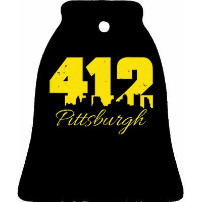 Pittsburgh 412 City Skyline Yellow Pittsburgh Ceramic Bell Ornament