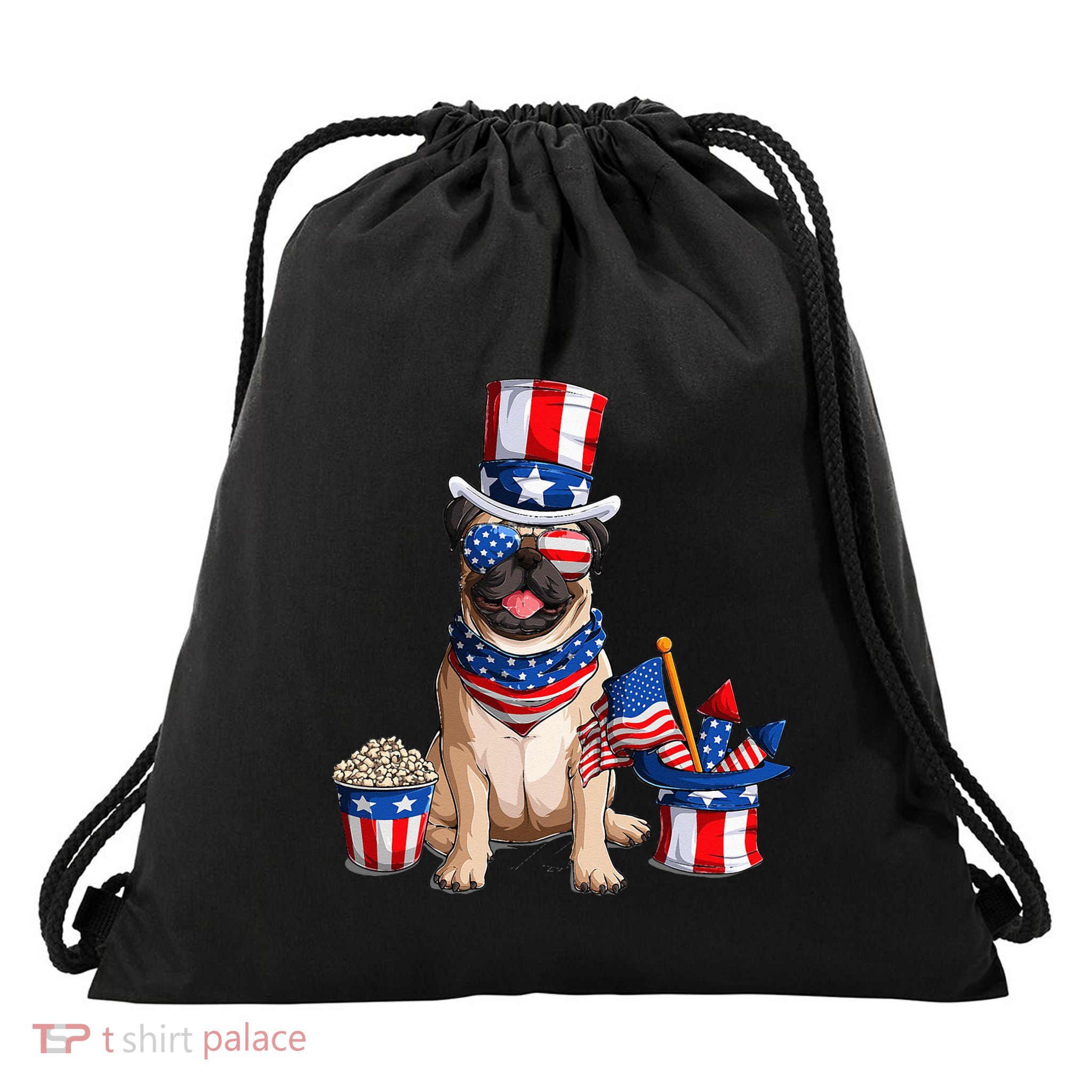 Pug 4th July American Flag Independence Day T Drawstring Bag