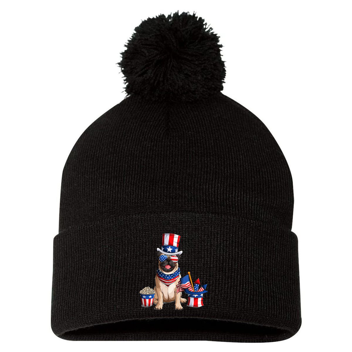 Pug 4th July American Flag Independence Day T Pom Pom 12in Knit Beanie