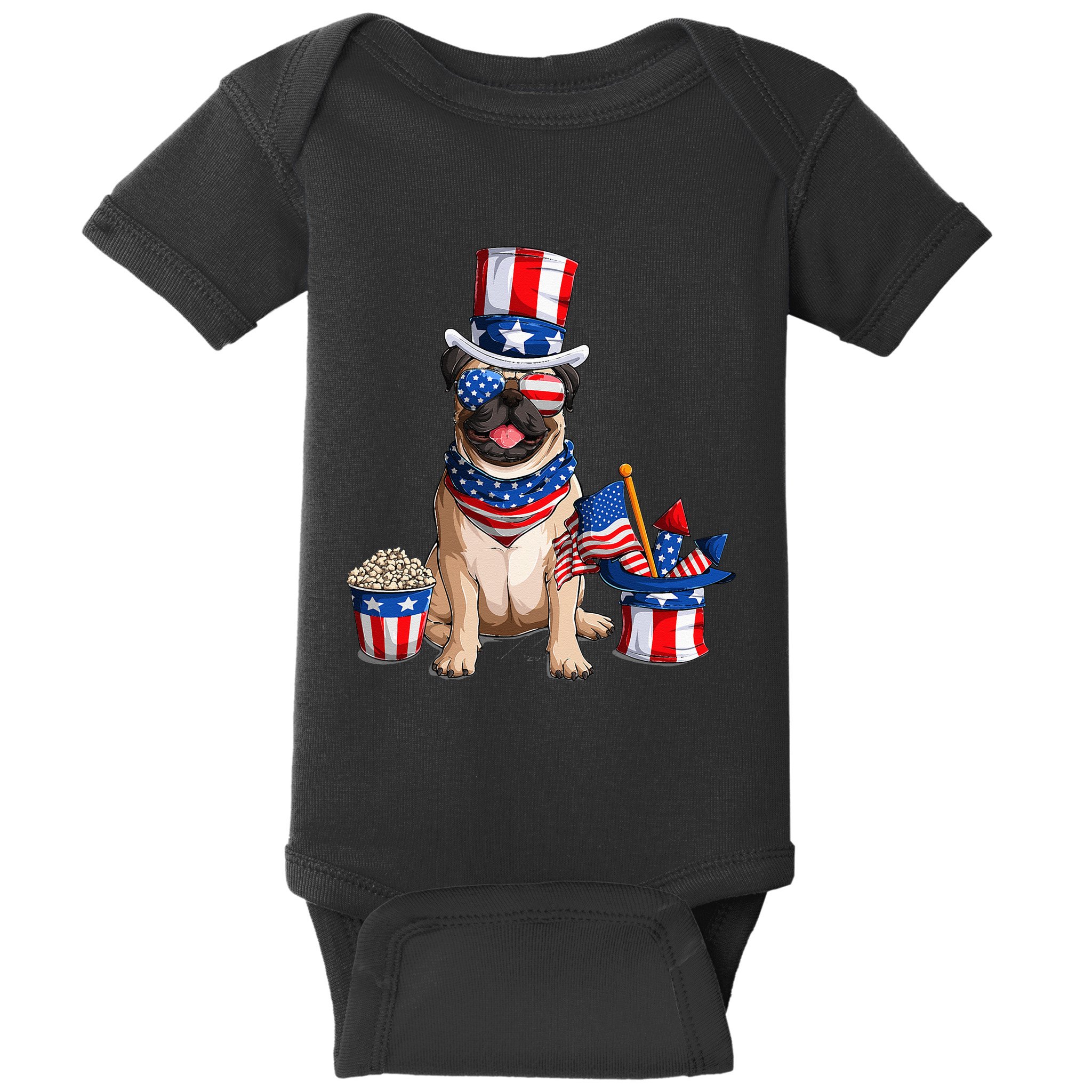 Pug 4th July American Flag Independence Day T Baby Bodysuit