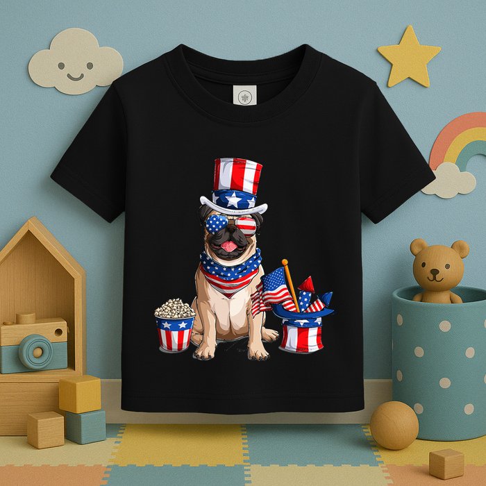 Pug 4th July American Flag Independence Day T Toddler T-Shirt
