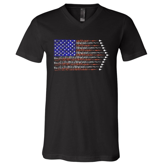 Patriotic 4th Of July USA American Flag Fighter Jets V-Neck T-Shirt