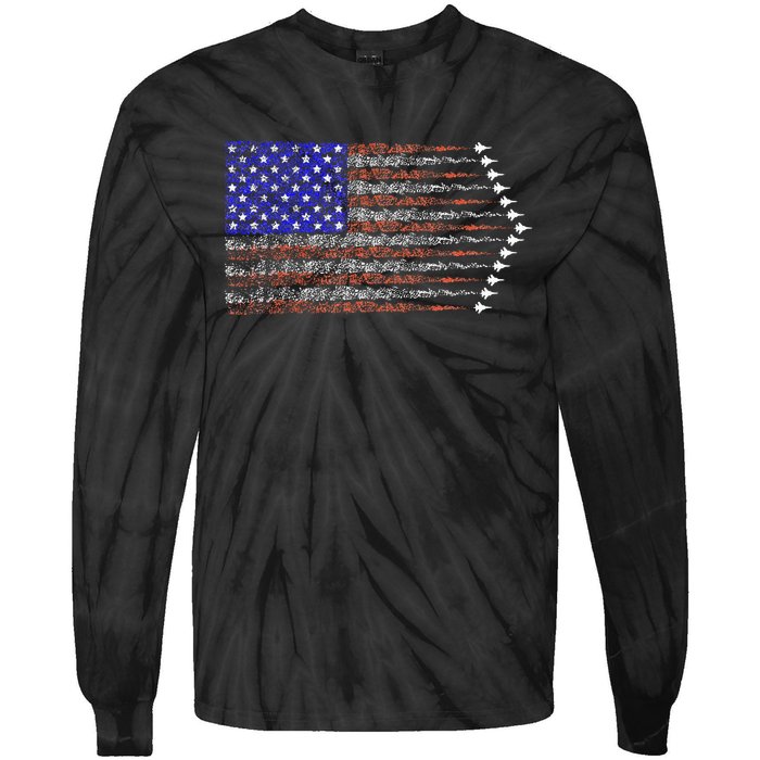 Patriotic 4th Of July USA American Flag Fighter Jets Tie-Dye Long Sleeve Shirt