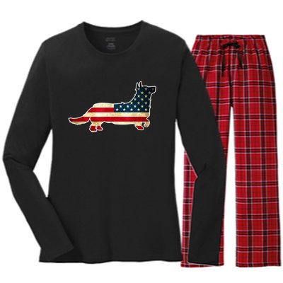 Patriotic 4th Of July Corgi Dog American Flag Women's Long Sleeve Flannel Pajama Set 