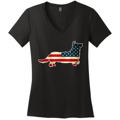 Patriotic 4th Of July Corgi Dog American Flag Women's V-Neck T-Shirt