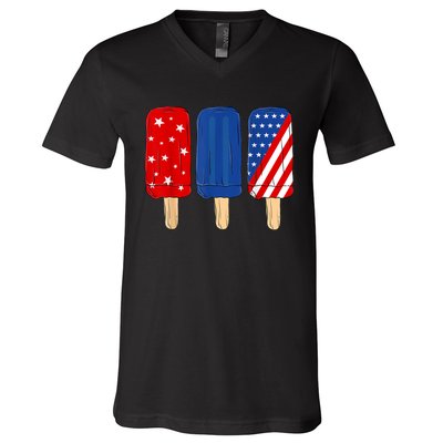 Patriotic 4th Of July Popsicles USA America Flag Summer V-Neck T-Shirt